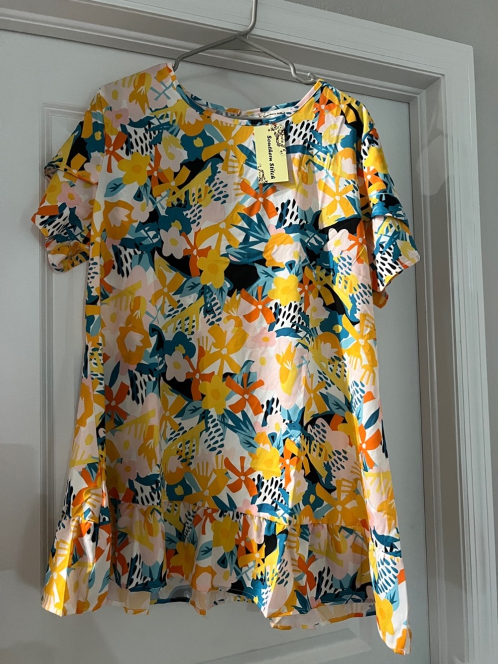 Bright Floral Ruffle-Hem Tunic Top - Yellow, Teal, Orange